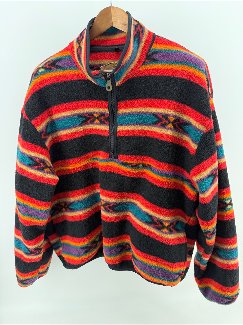 Woolrich Black Fleece Half-Zip with Red, Teal, Orange & Purple Stripes